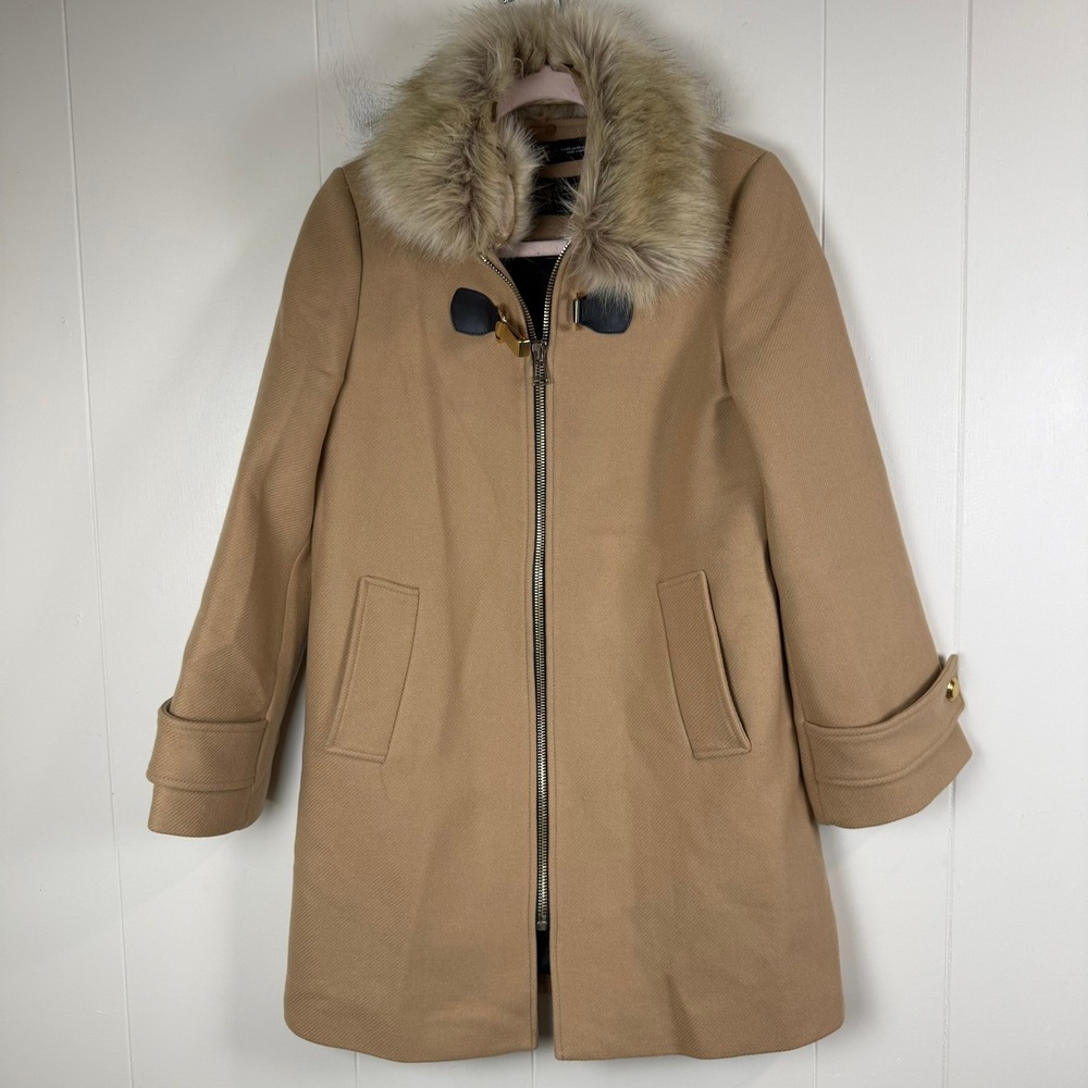 ZARA Women's Tan Wool Blend Faux Fur Trim Duffle Toggle Coat XS‎